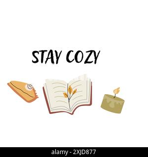 Herbst-Kartenschablone mit saisonalen Blättern und Artikeln. Feierliches Design mit handgezeichneten Kuschelelementen und Ernteelementen. Stock Vektor