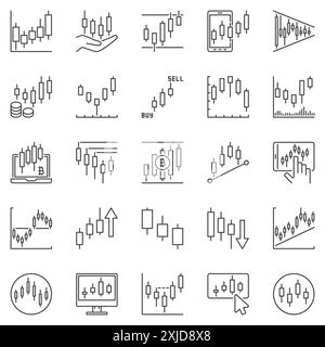 Candlestick Chart Outline Icons Set - Kryptowährung Handelslinie Vektorzeichen. Japanische Kerzenhalter-Konzeptsymbole Stock Vektor