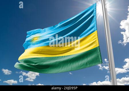 Die Flagge Ruandas die Flagge hat drei Farben: Blau, gelb und grün Stockfoto