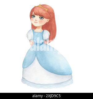 Aquarellillustration einer Fantasy-Prinzessin in blauem Kleid mit rotem Gehör. Mittelalterliche Illustration isoliert. Handgezeichnet, skizzieren. Für Kinderzimmer Stockfoto