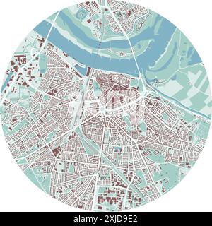 Kreiskarte von Nijmegen, Niederlande. Detaillierte Rundkarte mit Gebäuden, Straßen, Parks. Stadtgebiet. Stock Vektor