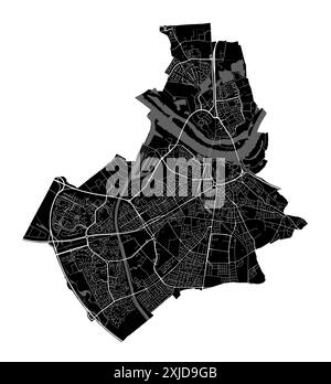 Karte von Nijmegen, Niederlande. Detaillierte Stadtvektorkarte, Metropolregion. Schwarz-weiße Straßenkarte mit Straßen und Wasser. Stock Vektor