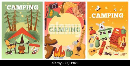 Sommer-Reisekarten. Campingausrüstung. Naturerholung. Elemente für Wanderungen. Zelt und Lagerfeuer. Rucksack für Touristen. Wanderschuhe und Gitarre Stock Vektor