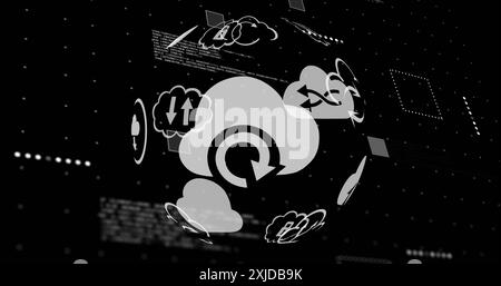 Bild des Globus mit Cloud-Symbolen und Datenverarbeitung auf schwarzem Hintergrund Stockfoto