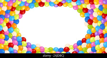 Hintergrund der Zeichentrickbälle. Runder, mehrfarbiger Kaugummi. Elemente des Unterhaltungsbereichs für Kinder. Untergeordnete Grenze. Kunststoffkugeln. Süßigkeiten und Süßigkeiten häuften sich Stock Vektor