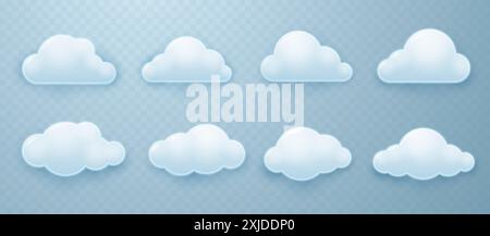 Weiße, flauschige, abgerundete Cumulus-Wolken mit Schatten im 3D-Stil. Vektorabbildung. Stock Vektor