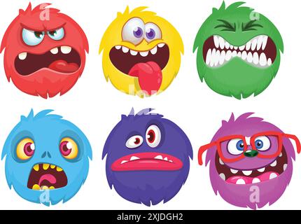 Comic Monster Gesichter Set. Vektor-Set mit vier Halloween-Monster-Gesichtern oder Avataren. Print-Design der Monster-Maske zur Maskerade. Stock Vektor