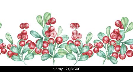 Cranberry Seamless Border Aquarell Clipart mit Haufen von leuchtend roten Preiselbeeren und sattgrünen Blättern. Ideal für Weihnachtsgrußkarten, festliche Verpackungen oder saisonale Marketingmaterialien Stockfoto