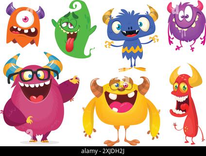 Niedliche Karikaturmonster. Vektor-Set von Comic-Monstern: Geist, Goblin, Bigfoot Yeti, Troll und Alien. Halloween-Charaktere isoliert. Stock Vektor