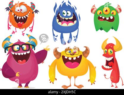 Niedliche Karikaturmonster. Vektor-Set von Comic-Monstern: Geist, Goblin, Bigfoot Yeti, Troll und Alien. Halloween-Charaktere isoliert. Stock Vektor