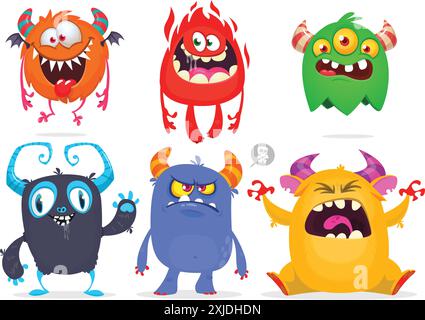 Niedliche Karikaturmonster. Vektor-Set von Comic-Monstern: Geist, Goblin, Bigfoot Yeti, Troll und Alien. Halloween-Charaktere isoliert. Stock Vektor