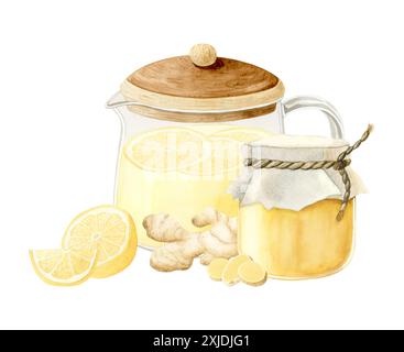 Gesunder Ingwertee in der Teekanne mit Zitrone und Honig im Glas Aquarell Illustration Clipart. Natürliche landwirtschaftliche Erzeugnisse Stockfoto
