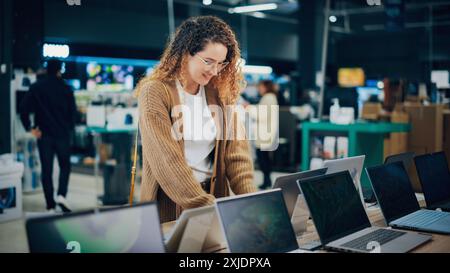 Porträt einer stilvollen Frau mit Blick auf eine Vielzahl moderner Notebooks mit hochauflösenden Displays und lebendiger Farbübertragung. Kunde, der in einem Geschäft für Heimelektronik einen Computer sucht Stockfoto