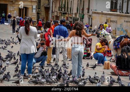 BOGOTA, KOLUMBIEN - 3. JULI 2024 - viele Touristen füttern Tauben mit Mais an einem sonnigen Tag an der Plaza de Bolivar Stockfoto