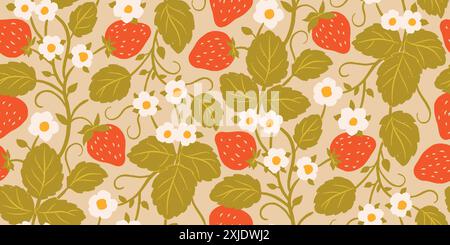 Nahtloses Erdbeermuster und Kartendesign mit wilden Beeren, Blättern und Blumen, saisonale Erdbeertapete, niedliches Design für Stoff, Innenraum dez Stock Vektor