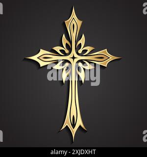 3D goldenes elegantes Zierkreuz religiöses Symbol Stock Vektor