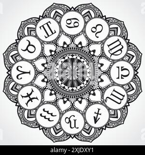 Zierdesign Tierkreiskreis schwarz-weißer Hintergrund Stock Vektor