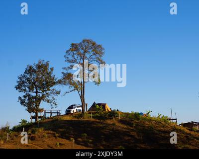 Camping Zelt und Auto unter Bäumen auf Grashügel mit klarem blauem Himmel Hintergrund. Chiang Mai - Nordthailand Stockfoto