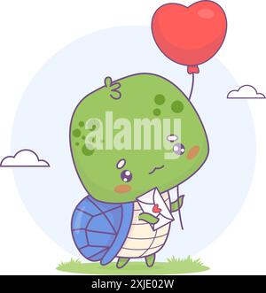 Niedliche Schildkröte mit Buchstaben und Ballon. Lustiges Cartoon-Kawaii-Charaktertier. Vektorabbildung. Kinderkollektion Stock Vektor