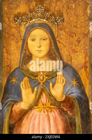 PERUGIA, ITALIEN - 16. MAI 2024: Das Fresko der Jungfrau Maria (Madonna delle Grazie) in der Kirche Cattedrale di San Lorenzo (Kathedrale St. Lawrece) Stockfoto