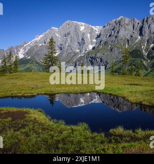 Der Hochkoenig an einem sonnigen Sommertag, blauer Himmel, Reflexion in einem kleinen Teich Stockfoto