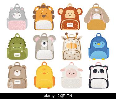 Niedliches Rucksack-Set für Schulkinder, dekoriert mit Gesichtern und Ohren von Tieren. Vektor-Illustration in Zeichentrick-Flat-Stil Stock Vektor