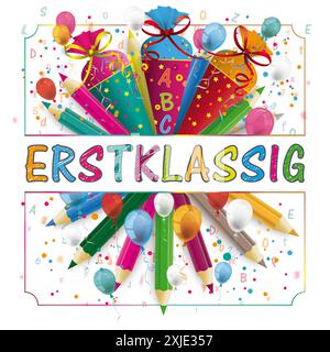 Erstklassig Candy Kegel Bleistifte Briefe Ballons Umschlag deutscher Text Erstklassig, übersetzen erste Klasse. Stockfoto