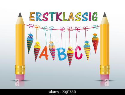 2 Bleistifte Hanging Candy Kegel ABC Erstklassig Deutscher Text Erstklassig, übersetzen erste Klasse. Stockfoto