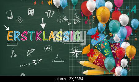 Lange Blackboard Ballons Candy Kegel Erstklassig Skizzen Deutscher Text Erstklassig, übersetzen erste Klasse. Stockfoto