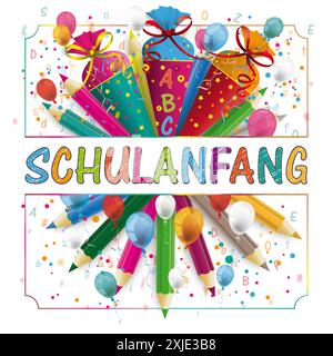 Schulanfang Candy Kegel Bleistifte Briefe Ballons Cover deutscher Text Schulanfang, übersetzt zurück zur Schule. Stockfoto