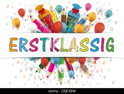 Erstklassig Candy Kegel Ballons Buchstaben Farbige Bleistifte Deutscher Text Erstklassig, übersetzen erste Klasse. Stockfoto