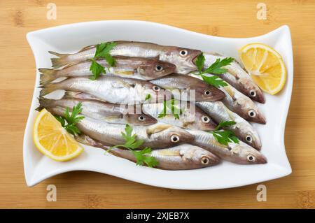 Frische, ungekochte Schellfisch-Fische in Keramikschale auf dem Tisch, roher Wittling-Fisch-Konzept Stockfoto