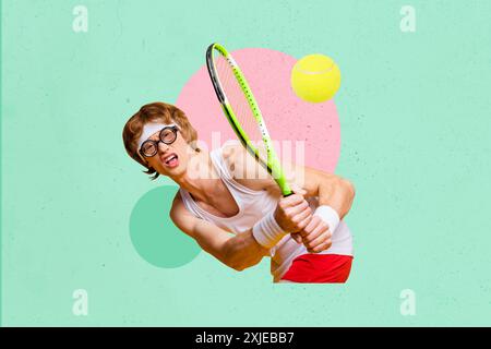 Composite Collage Bild von jungen lustigen Mann spielen Tennis Sportler haben Spaß Fantasy Reklametafeln Comics Zine Stockfoto