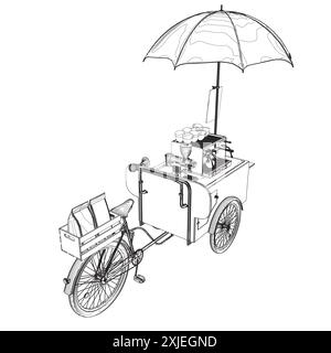 Detaillierte Fahrrad-Kaffeestation im Freien Vektor-Illustration mit Tisch, Stühlen, Menü-Anzeige und Brauausrüstung für Mobile Shop Konzept. Vektorillu Stock Vektor