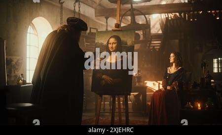 Darstellung des historischen Moments des Genies Leonardo da Vinci, der seine Muse malte und sein Meisterwerk, die Mona Lisa, in seiner Kunstwerkstatt schuf. Reines Talent und Inspiration auf Leinwand Stockfoto