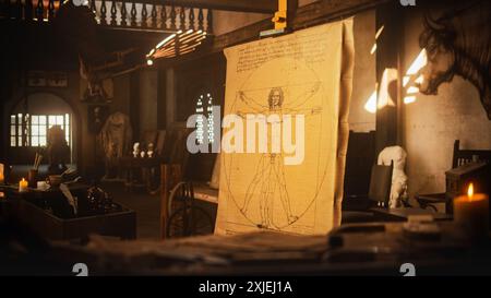 Nahaufnahme der Zeichnung des Vitruanischen Mannes von Leonardo da Vinci auf einer Staffelei im Art Studio. Das berühmte Stück, das Wissenschaft, Kunst, Gesundheit und Fitness repräsentiert. Wichtiges Gemälde aus der Geschichte Stockfoto