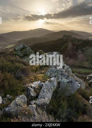 Dramatische Landschaft und Aussicht von den Stiperstones, einem freiliegenden Quarzitgrat in South Shropshire, Großbritannien Stockfoto