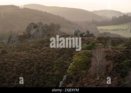 Dramatische Landschaft und Aussicht von den Stiperstones, einem freiliegenden Quarzitgrat in South Shropshire, Großbritannien Stockfoto