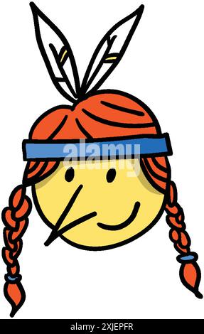 Niedliches Karikaturmädchen aus der amerikanischen Ureinwohner, das Federn in den Haaren trägt. Thanksgiving-Symbol dargestellt. Vektor Stock Vektor