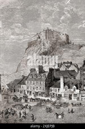 Edinburgh Castle, gesehen von der Corn Exchange im Grassmarket, Schottland, 19. Jahrhundert. Aus den London Illustrated News, veröffentlicht 1860. Stockfoto