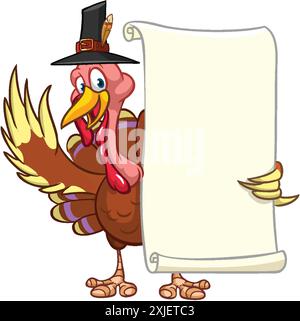 Cartoon Thanksgiving truthahn Vogel mit leerer Scroll mit leerem Platz für Text oder Menü. Vektorabbildung. Designelement für Banner, Postkarte, Poster Stock Vektor