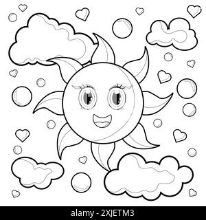 Ausmalseite für Kinder und Erwachsene. Meerjungfrau Malbuch. Handgezeichneter lustiger fröhlicher Smiley-Sonnencharakter. Flora und Fauna, Natur. Comic Outline vecto Stockfoto