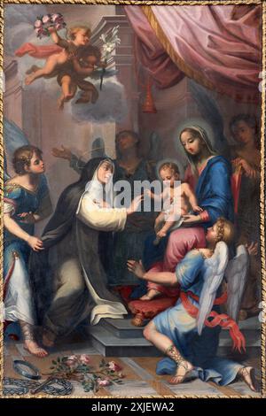 PERUGIA, ITALIEN - 15. MAI 2024: Das Gemälde der Heiligen Teresa von Avila wint die Madonna in der Kirche Basilica di San Domenico von unbekanntem Künstler. Stockfoto