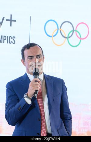 Mailand, Mailand. Juli 2024. Alessandro Araimo alla Conferenza stampa copertura televisiva Discovery Channel dei Giochi Olimpici Paris 2024 - Mailand - Giovedì 17 Luglio 2024 (Foto Claudio Furlan/Lapresse) Alessandro Araimo auf der Pressekonferenz Discovery Channel TV Berichterstattung über die Olympischen Spiele 2024 in Mailand - Donnerstag, 17. Juli 2024 (Foto Claudio Furlan/Lapresse) Quelle: LaPresse/Alamy Live News Stockfoto