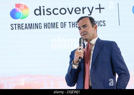 Mailand, Mailand. Juli 2024. Alessandro Araimo alla Conferenza stampa copertura televisiva Discovery Channel dei Giochi Olimpici Paris 2024 - Mailand - Giovedì 17 Luglio 2024 (Foto Claudio Furlan/Lapresse) Alessandro Araimo auf der Pressekonferenz Discovery Channel TV Berichterstattung über die Olympischen Spiele 2024 in Mailand - Donnerstag, 17. Juli 2024 (Foto Claudio Furlan/Lapresse) Quelle: LaPresse/Alamy Live News Stockfoto