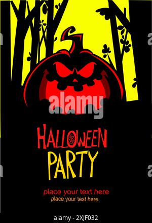 Halloween Kürbiskopf mit unheimlichem Gesichtsausdruck. Vektorillustration des Jack-o-Laterne Designs mit geschnitzter Emotion isoliert auf dem Nachthintergrund W Stock Vektor