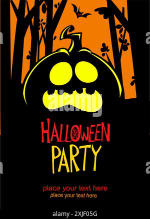 Halloween Kürbiskopf mit unheimlichem Gesichtsausdruck. Vektorillustration des Jack-o-Laterne Designs mit geschnitzter Emotion isoliert auf dem Nachthintergrund W Stock Vektor