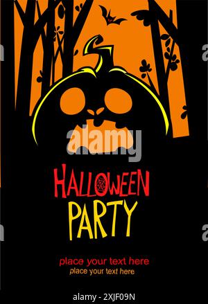 Halloween Kürbiskopf mit unheimlichem Gesichtsausdruck. Vektorillustration des Jack-o-Laterne Designs mit geschnitzter Emotion isoliert auf dem Nachthintergrund W Stock Vektor