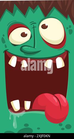 Lustiges grünes Zombie-Charakterdesign mit furchterregendem Gesichtsausdruck. Halloween Vektor Illustration isoliert auf weiß. Partyplakat, Paketdesign o Stock Vektor