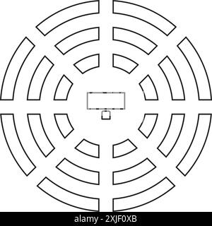 Sitzplätze im Auditorium sind rund oder im Amphitheater angeordnet. Draufsicht. Schema der Sitze im Vorlesungssaal oder in der Sitzung, in der Konferenz oder im parlament. Tabellen Stock Vektor